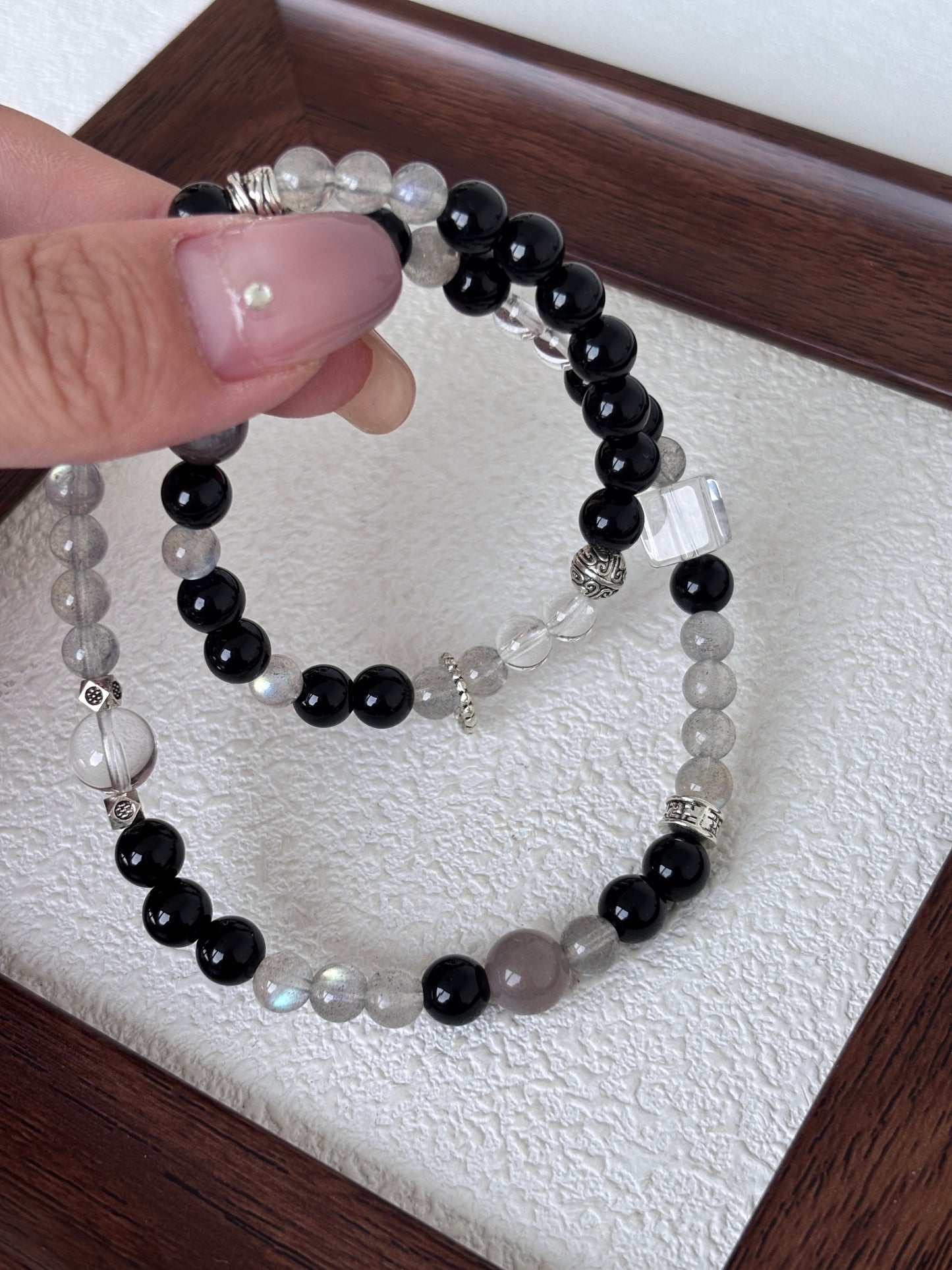 "Energy Shield" Bracelet - Black Obsidian & Gray Moonstone with White Crystal