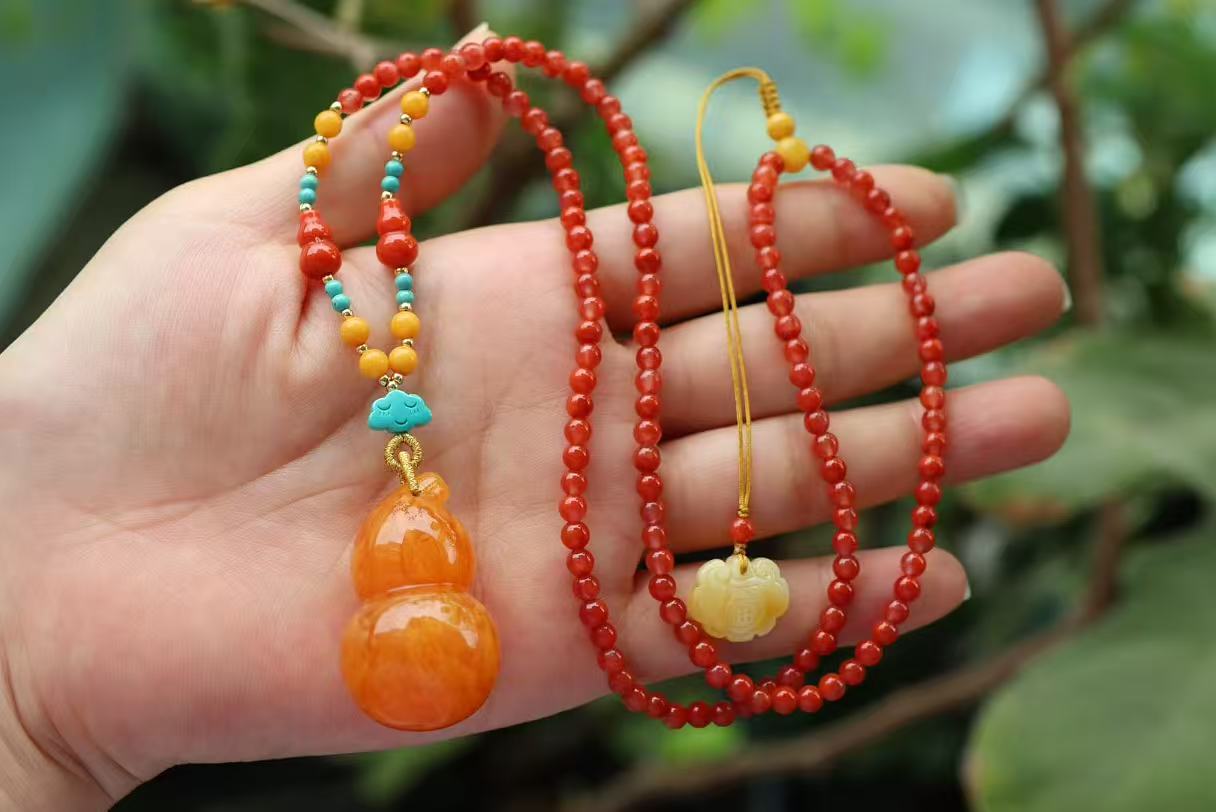 Natural Old Amber "Fu Lu" Gourd Lucky Pendant Necklace | Handcrafted with Nanhong Agate & Turquoise