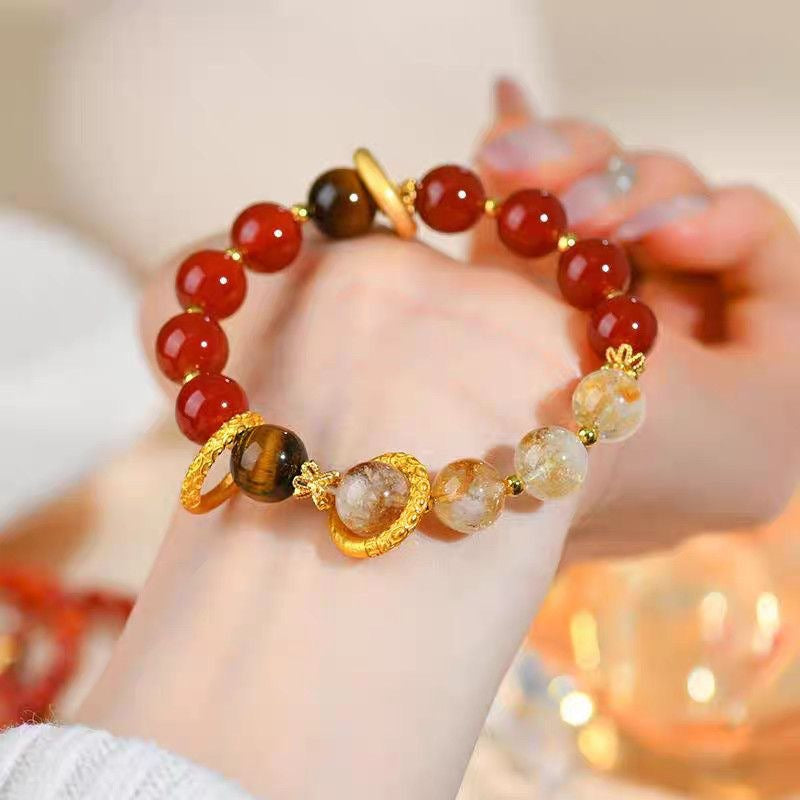 Red Agate & Yellow Tower Crystal Bracelet for Women - "Fortune & Prosperity" Design - 10mm
