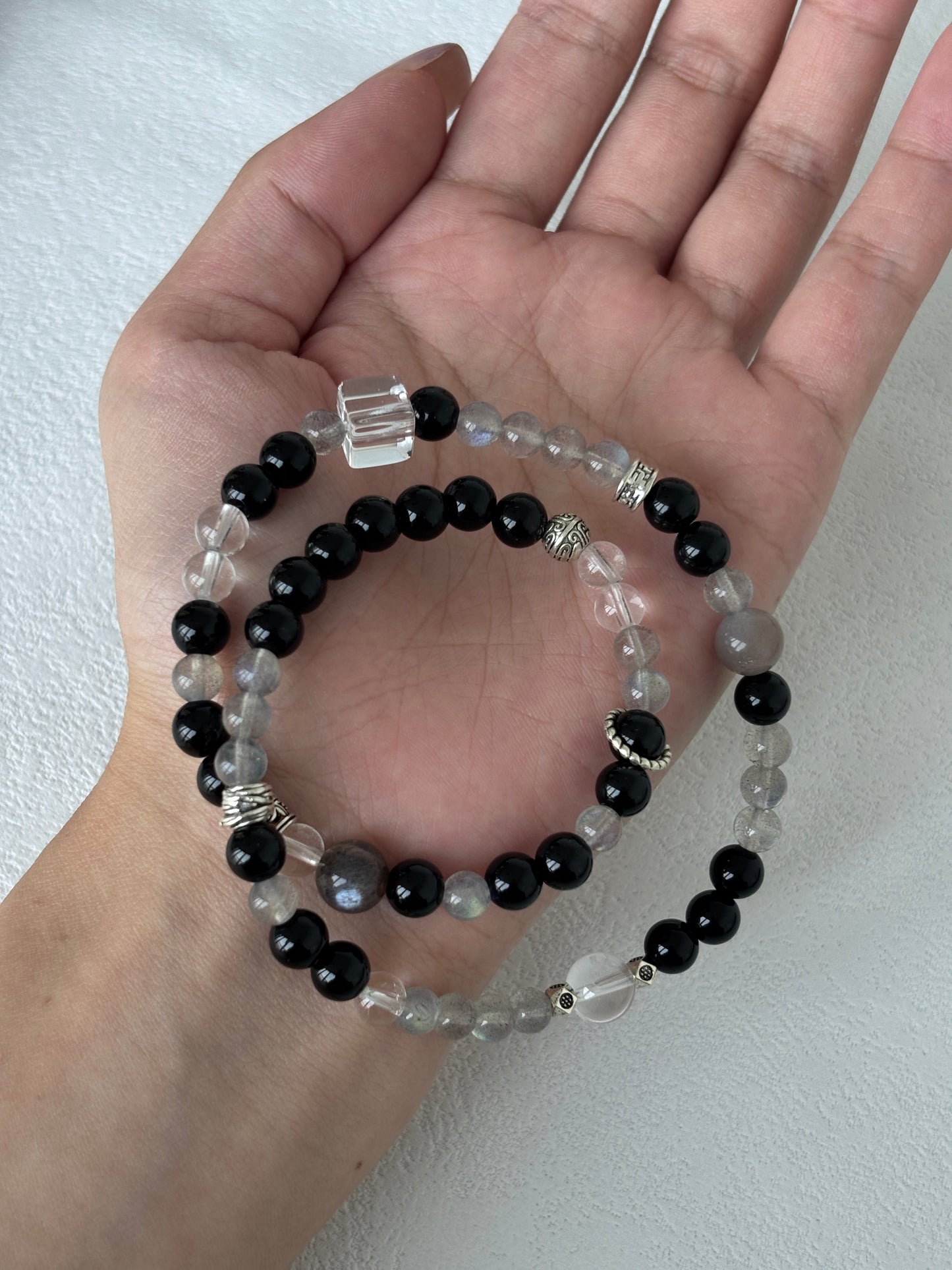 "Energy Shield" Bracelet - Black Obsidian & Gray Moonstone with White Crystal