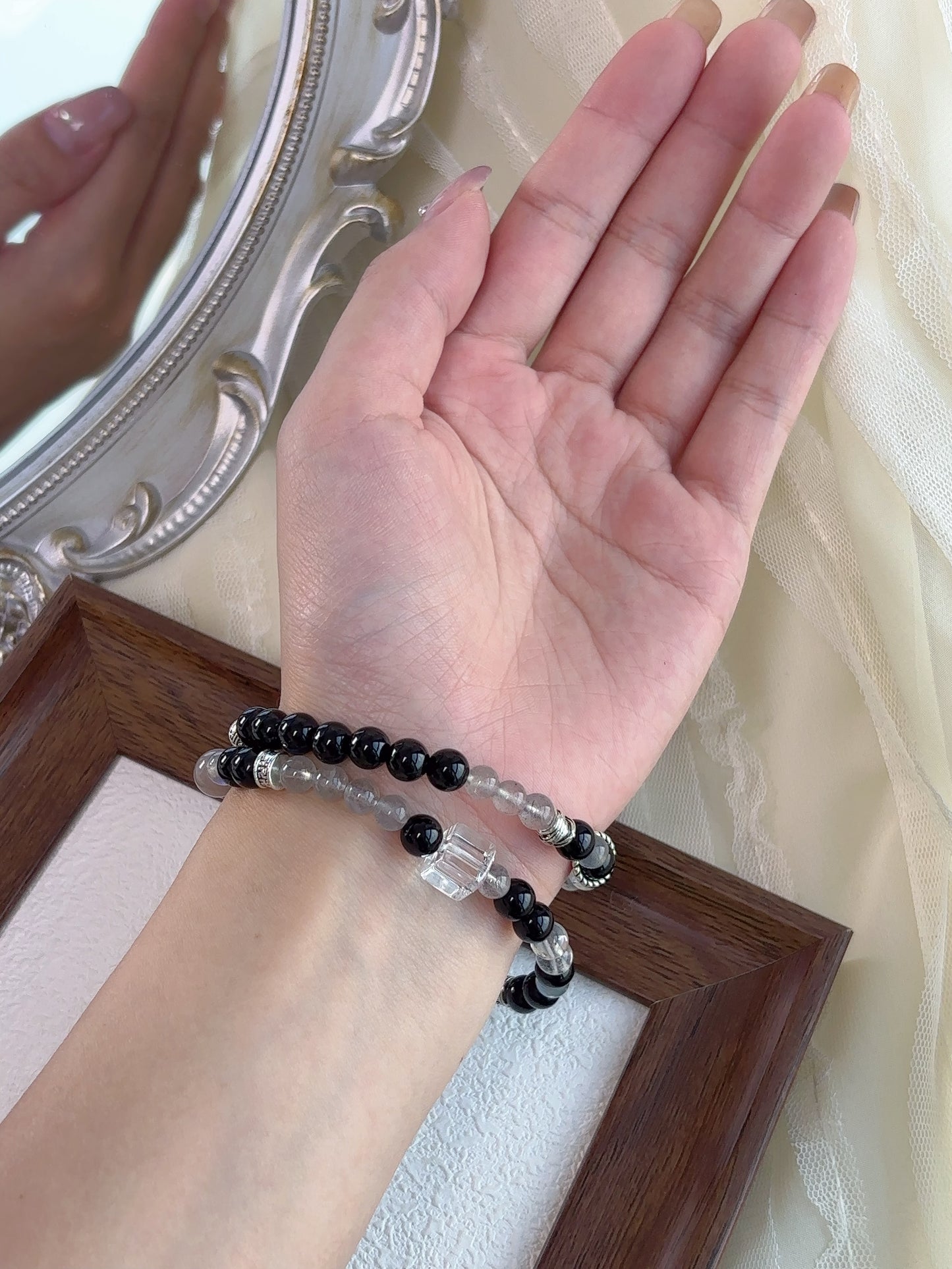 "Energy Shield" Bracelet - Black Obsidian & Gray Moonstone with White Crystal