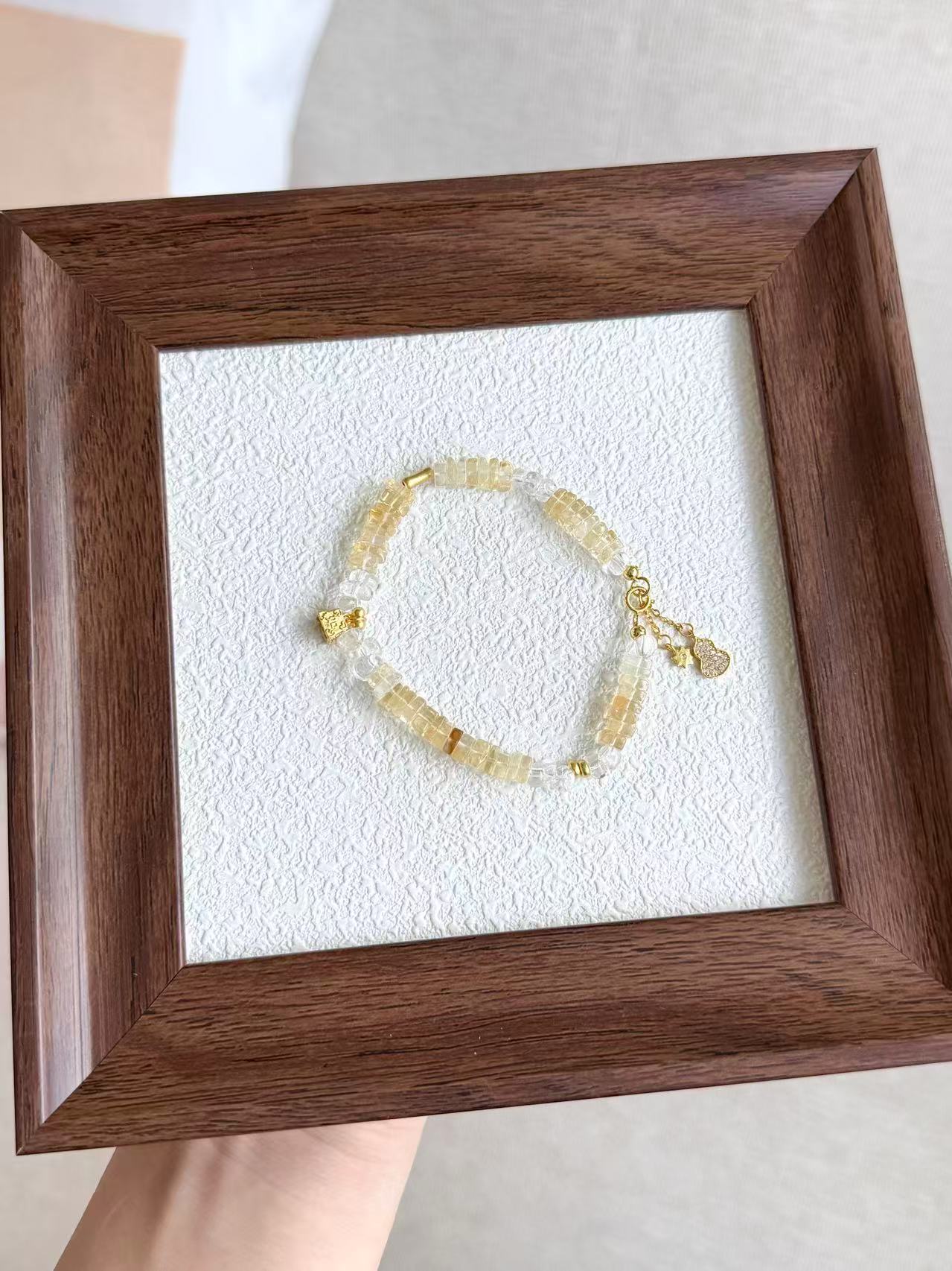 Golden Yellow & White Crystal Bracelet with Gourd Pendant - Wealth & Peace Design