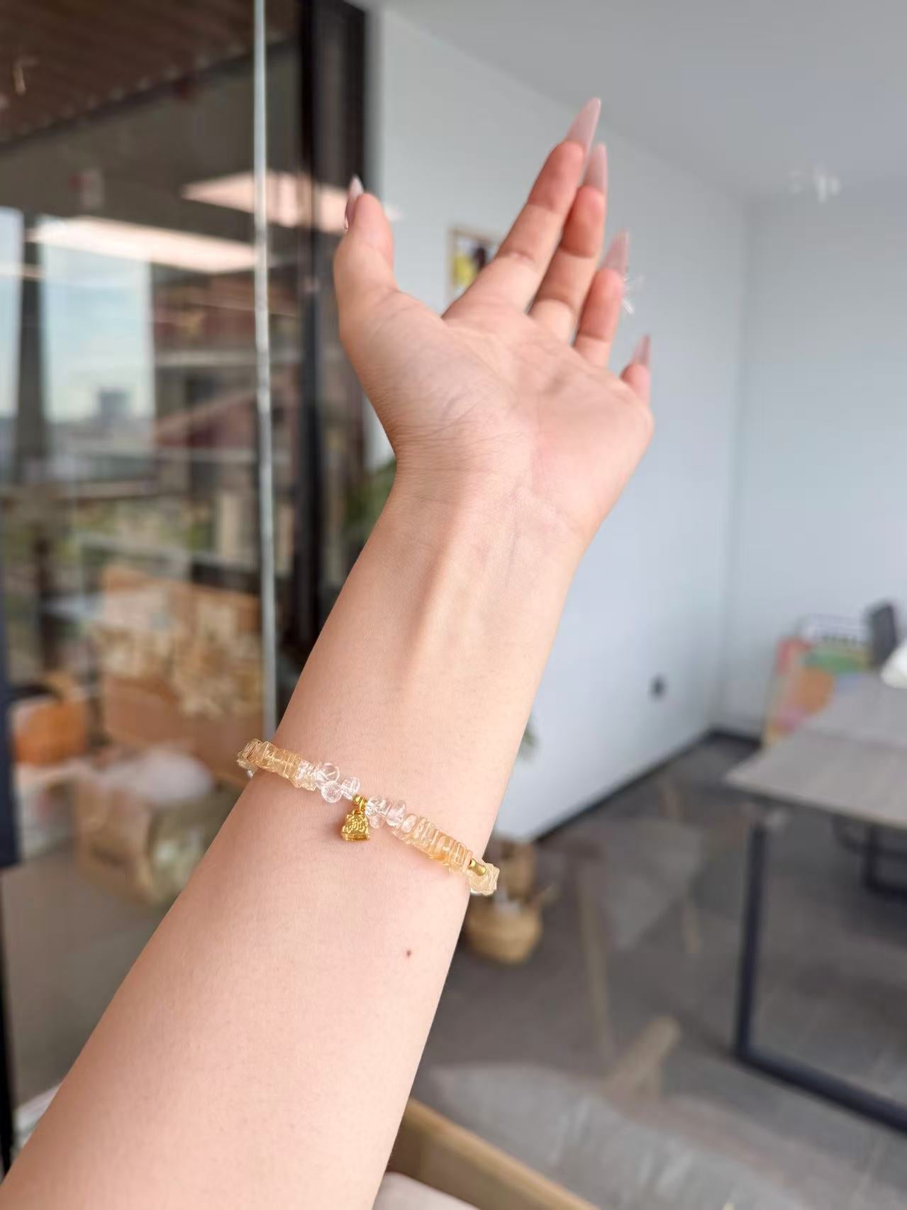 Golden Yellow & White Crystal Bracelet with Gourd Pendant - Wealth & Peace Design