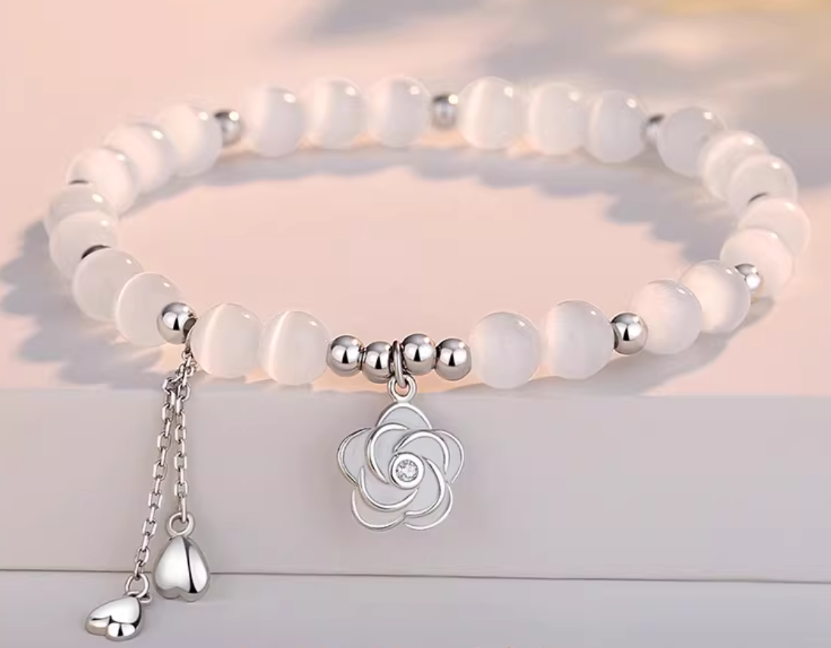 "Camellia" Cat Eye Stone Silver Bracelet - Elegant and Calming Jewelry