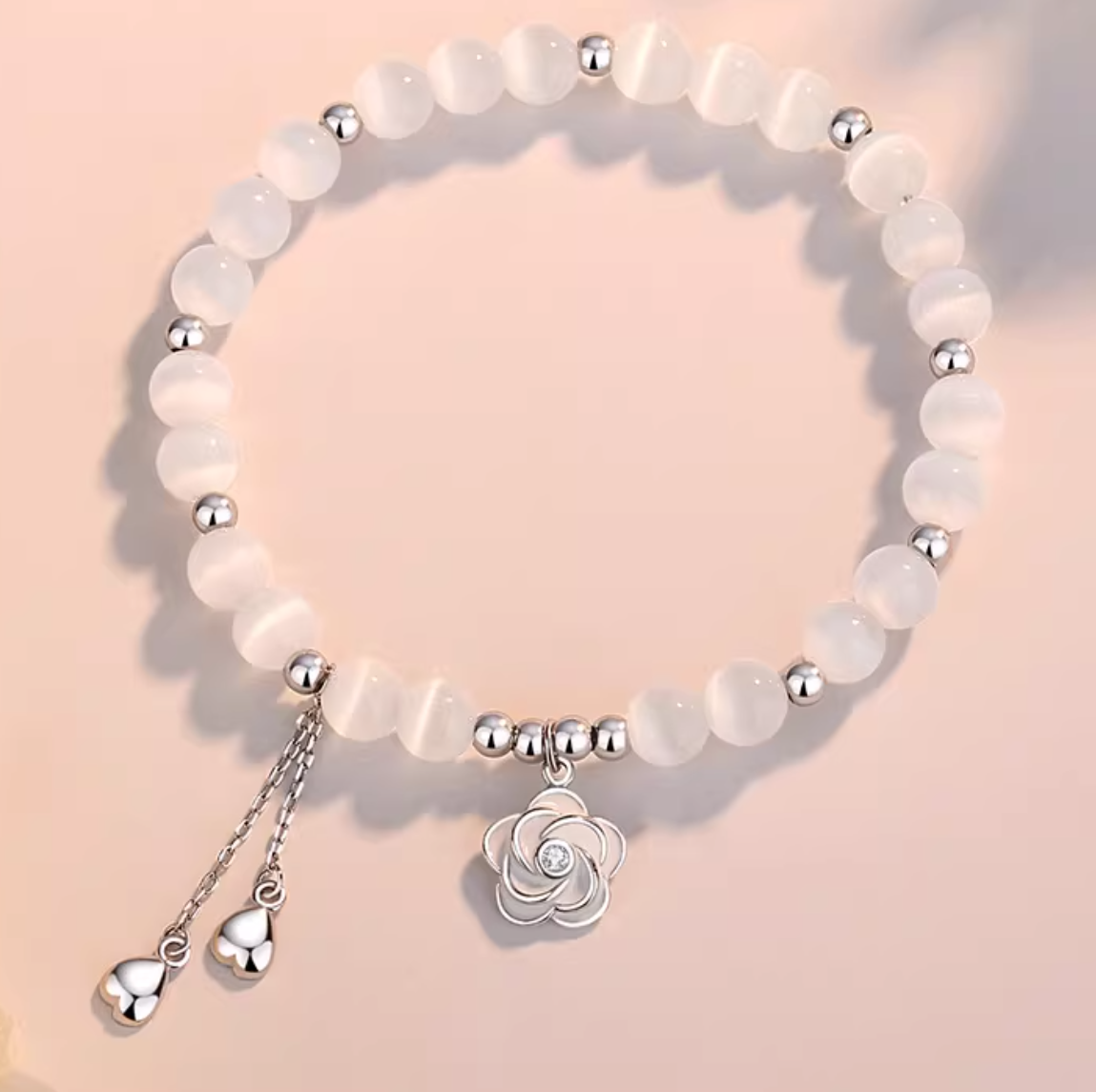 "Camellia" Cat Eye Stone Silver Bracelet - Elegant and Calming Jewelry