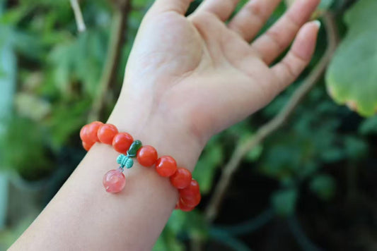 Baoshan Nanhong Agate Bracelet 11.2mm | Fleshy Persimmon Red with Amber & Turquoise Accents