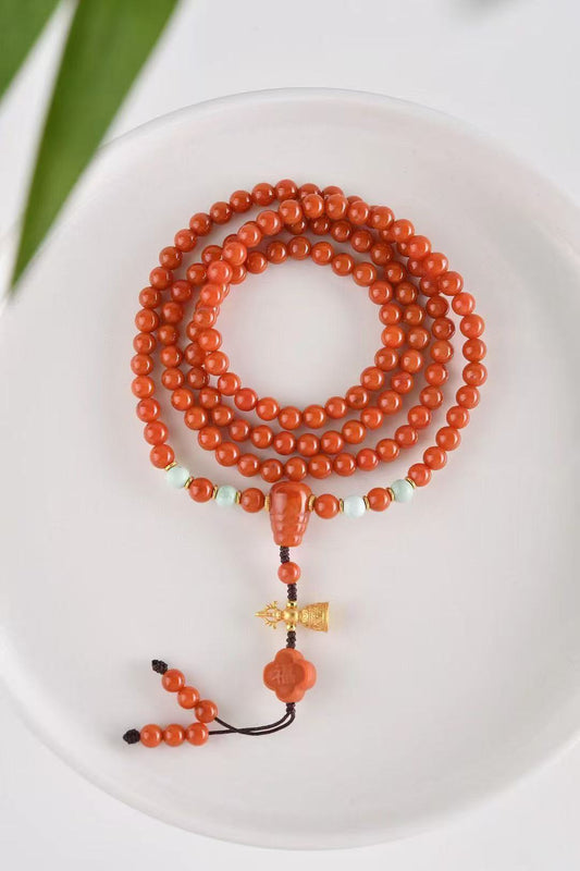 Premium Sichuan South Red Agate 4-Wrap Bracelet | Persimmon Red with Turquoise & Silver Vajra Charm