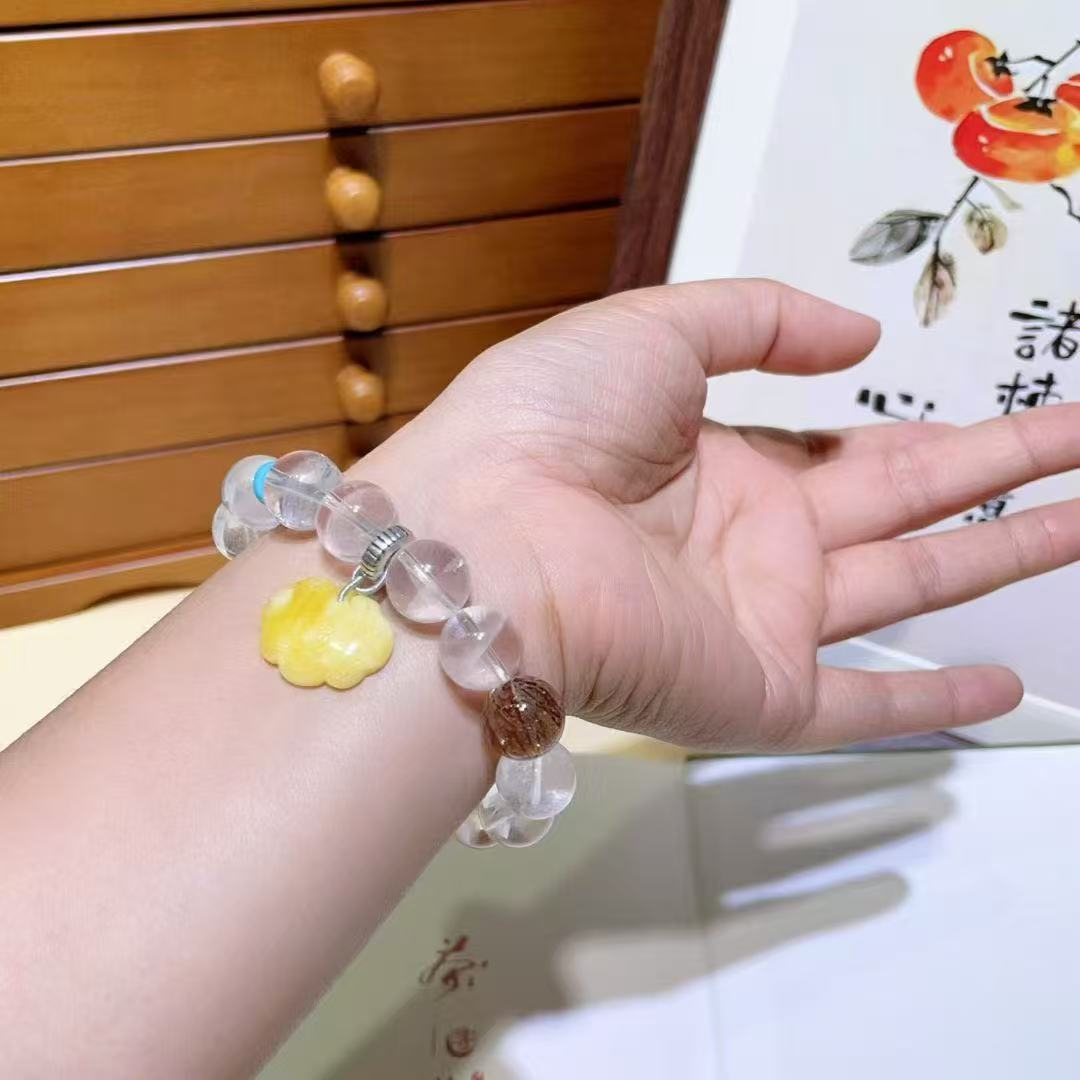 Natural White Phantom Quartz Healing Bracelet | Handcrafted with Amber, Turquoise & Sterling Silver