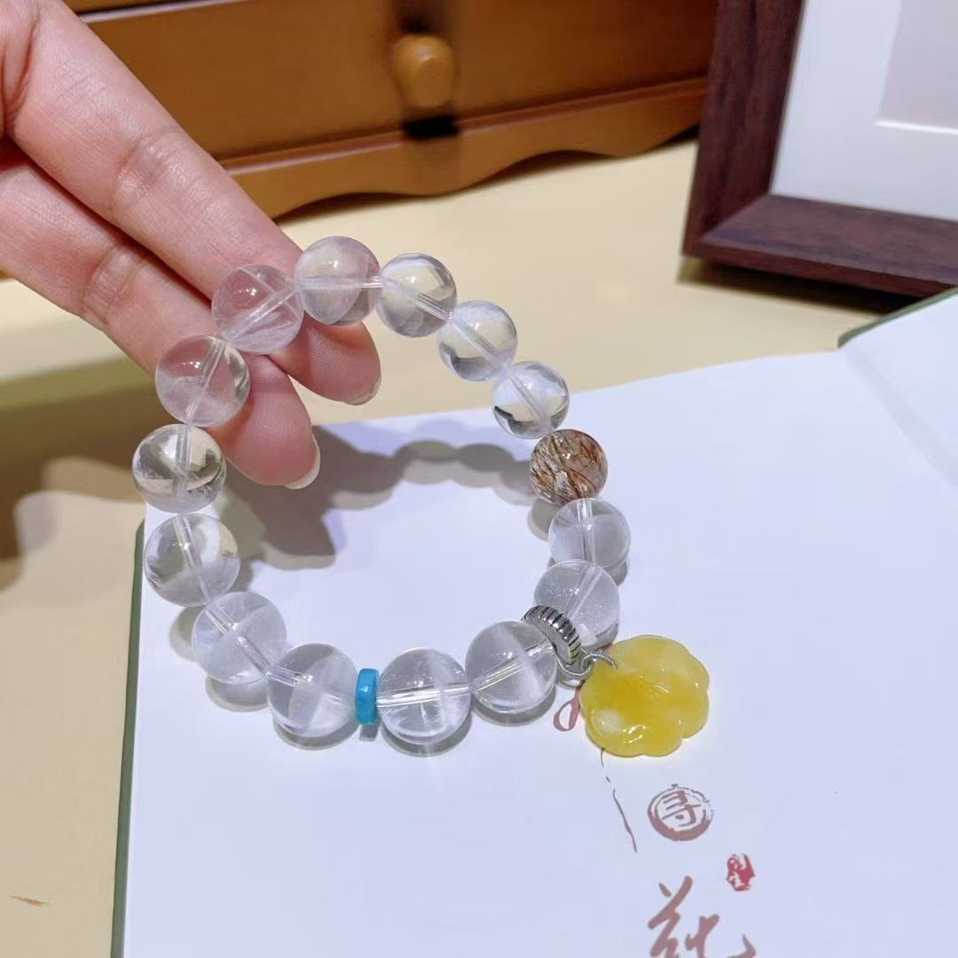 Natural White Phantom Quartz Healing Bracelet | Handcrafted with Amber, Turquoise & Sterling Silver