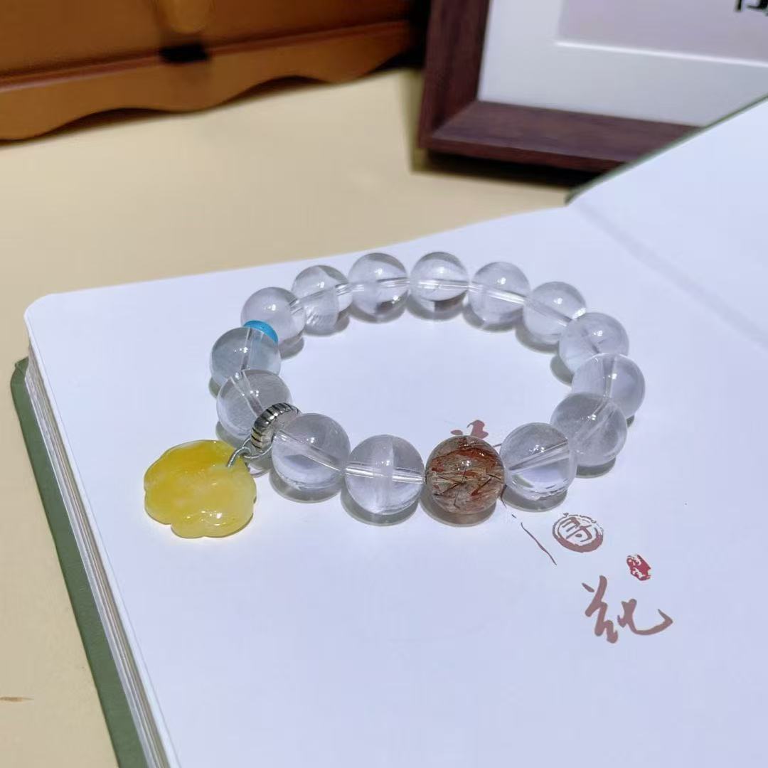 Natural White Phantom Quartz Healing Bracelet | Handcrafted with Amber, Turquoise & Sterling Silver