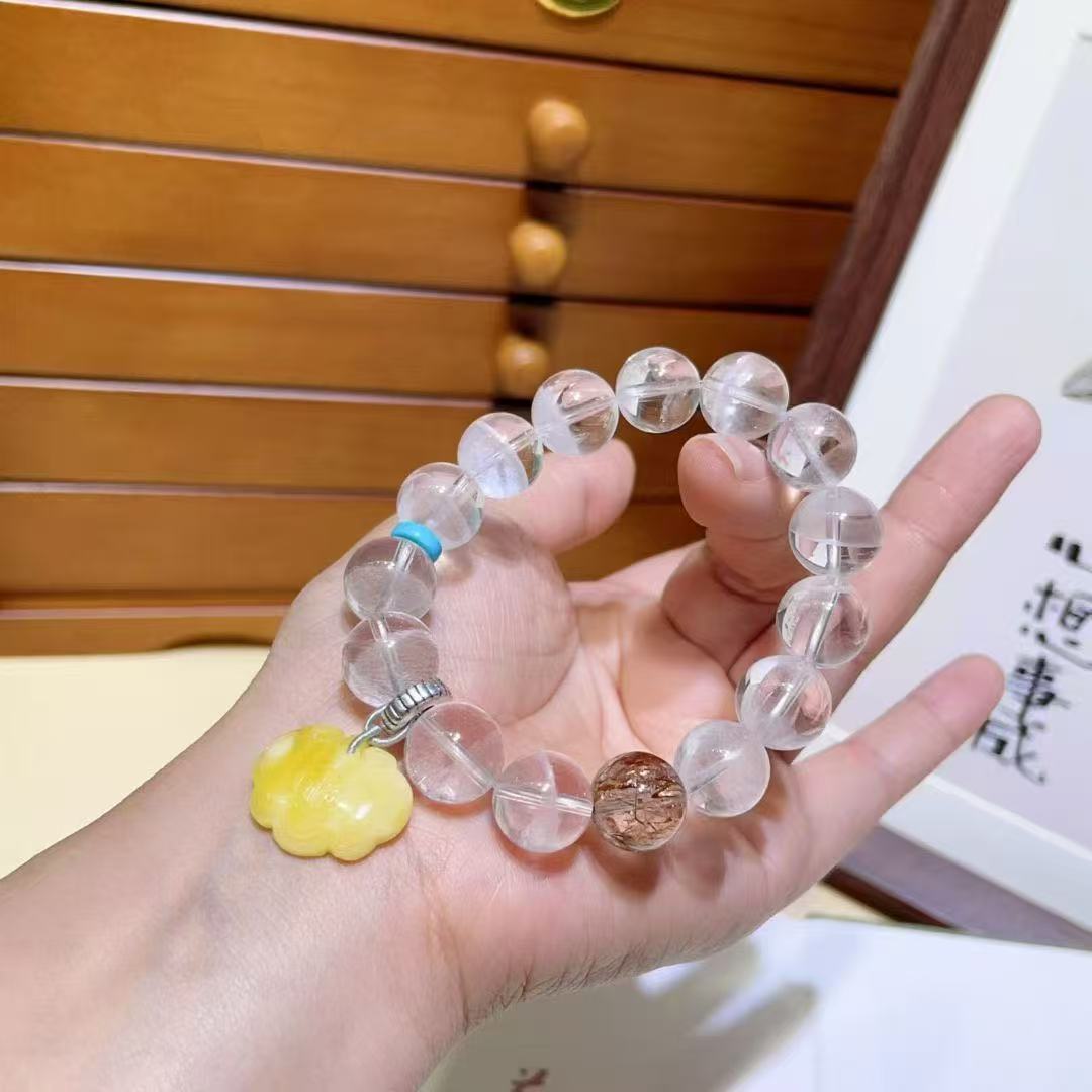 Natural White Phantom Quartz Healing Bracelet | Handcrafted with Amber, Turquoise & Sterling Silver