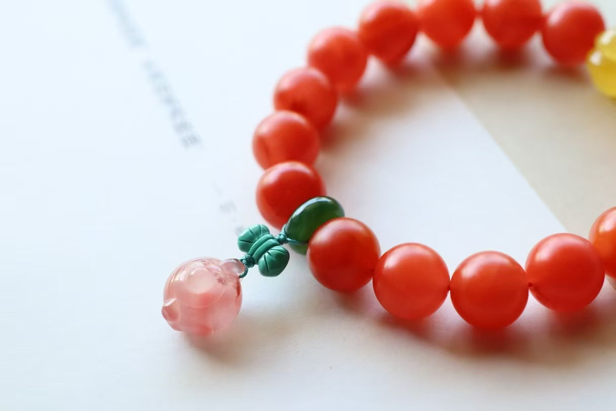 Natural Baoshan Persimmon Red Nanhong Agate Healing Bracelet | Lucky Charm with Jade, Turquoise & Amber