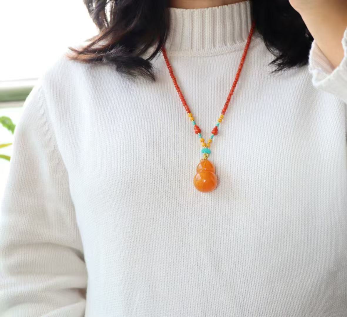 Natural Old Amber "Fu Lu" Gourd Lucky Pendant Necklace | Handcrafted with Nanhong Agate & Turquoise