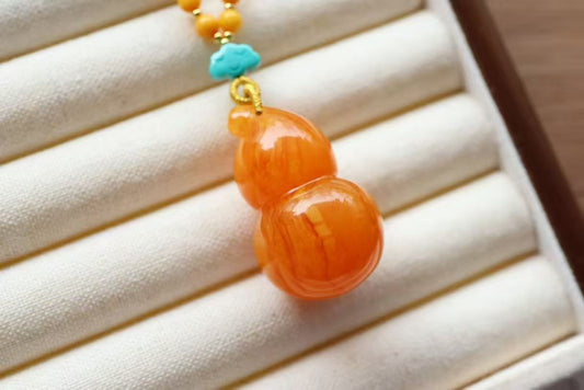 Natural Old Amber "Fu Lu" Gourd Lucky Pendant Necklace | Handcrafted with Nanhong Agate & Turquoise
